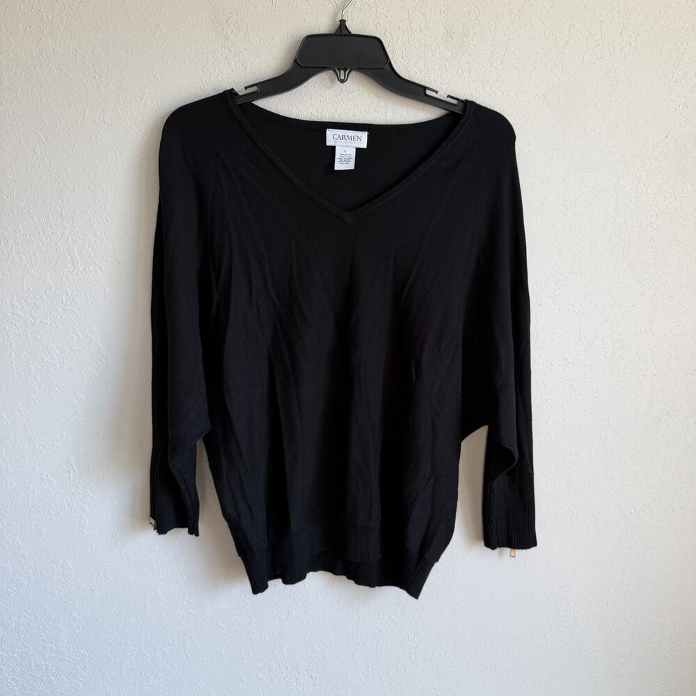 Carmen Marc Valvo Black 3/4 Zip Sleeve V-Neck Dolman Sweater Womens L